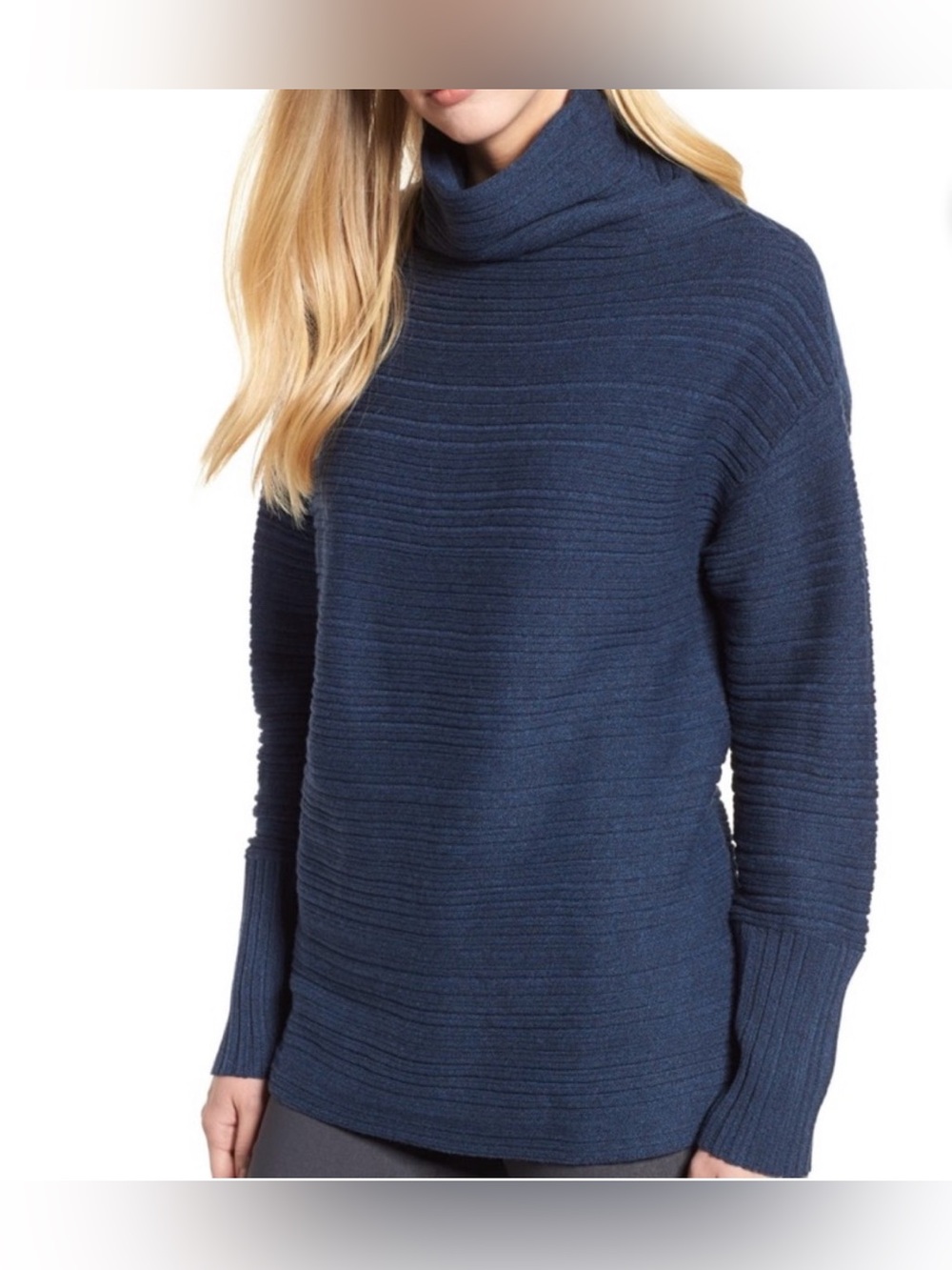 Nic + Zoe Fall Nights Blue Ribbed Funnel Neck Sweater Size Medium
